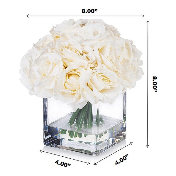 Enova Home Artificial 18 Pieces Fake Roses Silk Flowers Arrangement in Cube Glass Vase for Home Wedding Party Decoration