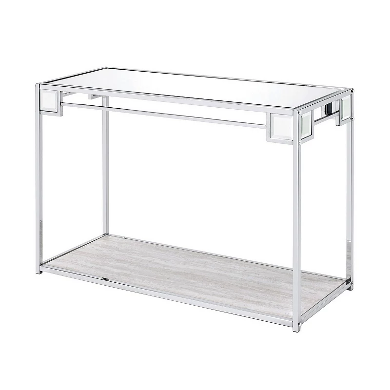 Mirror Top Metal Console Table with Wooden Open Bottom Shelf， Silver