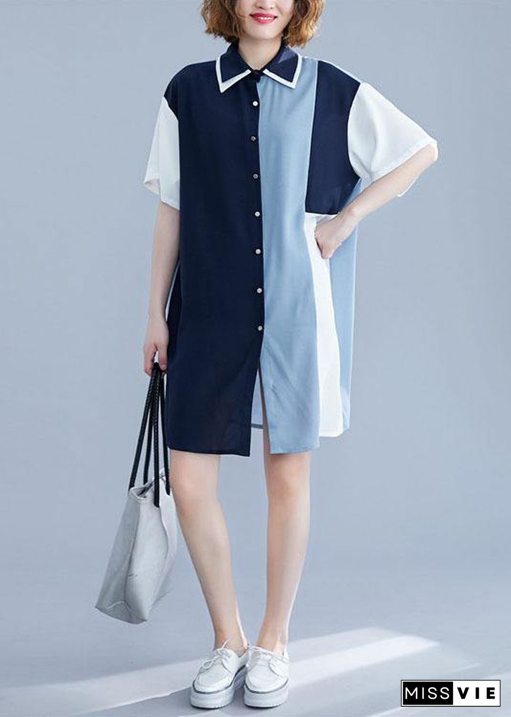 Chic blue Cotton clothes patchwork summer shirt Dress