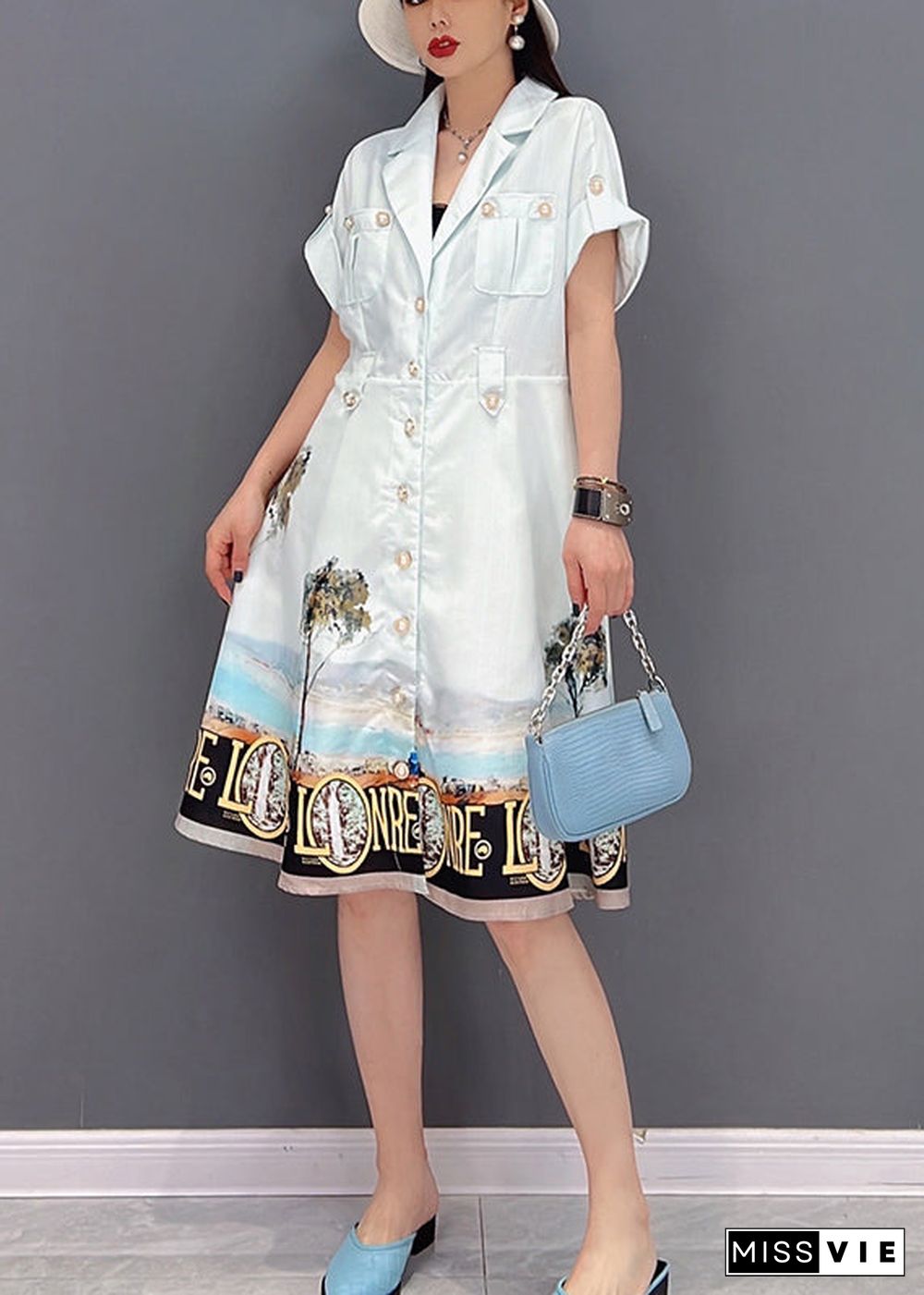 Beautiful White Button Peter Pan Collar Pockets Print Silk Shirt Dress Short Sleeve