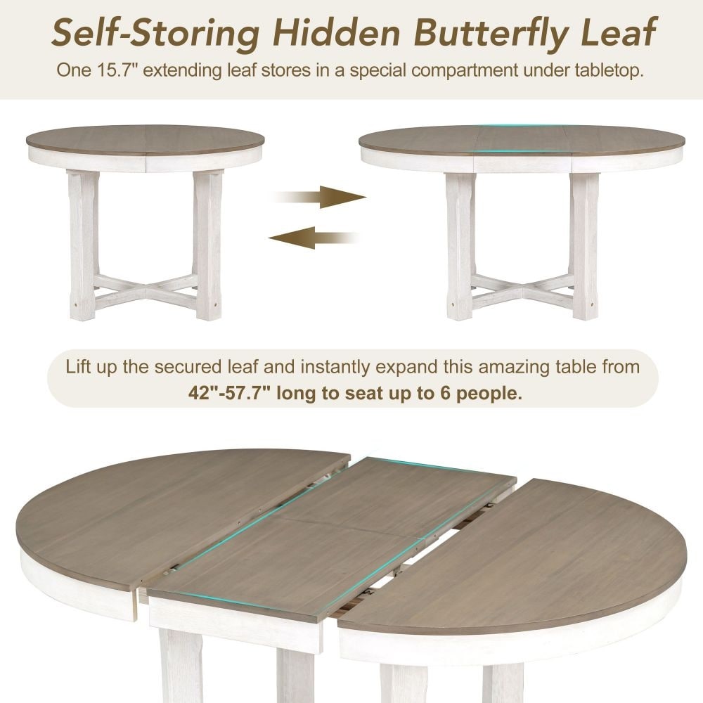 Abrihome 5 Piece Dining Table Set  Two Size Round To Oval Extendable Butterfly Leaf Wood Dining Table