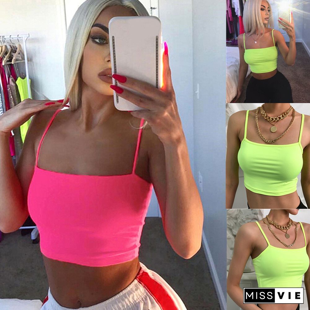 Hot Casual Crop Top Women Camis Streetwear Slim Sexy Summer Top Strap Cropped Neon Tops Seamless Bralette Tees