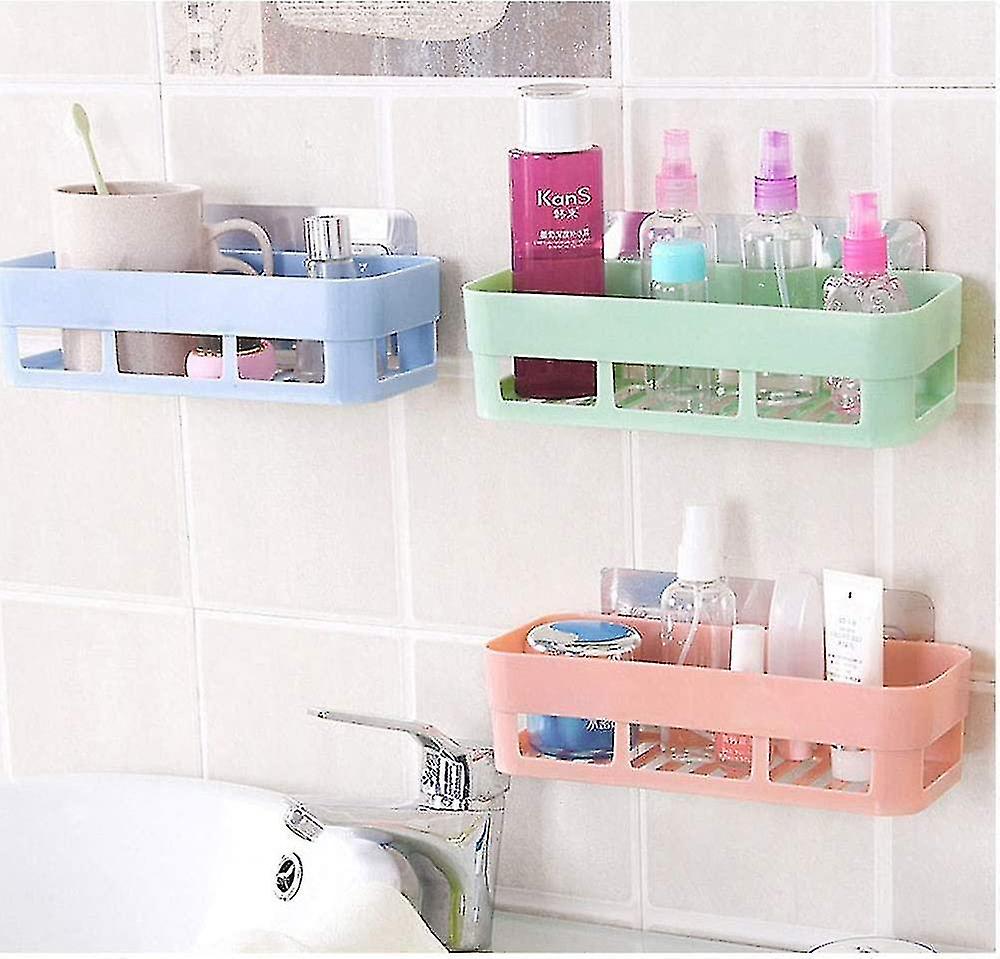 3 Pcs Bathroom Storage Shelves， Self Adhesive Rustproof Rectangular Baskets， No Drilling Shower Shelf Compatible With Shampoo Soap (light Blue， Light