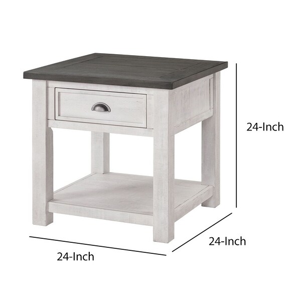 Coastal Style Square Wooden End Table with 1 Drawer， White and Gray