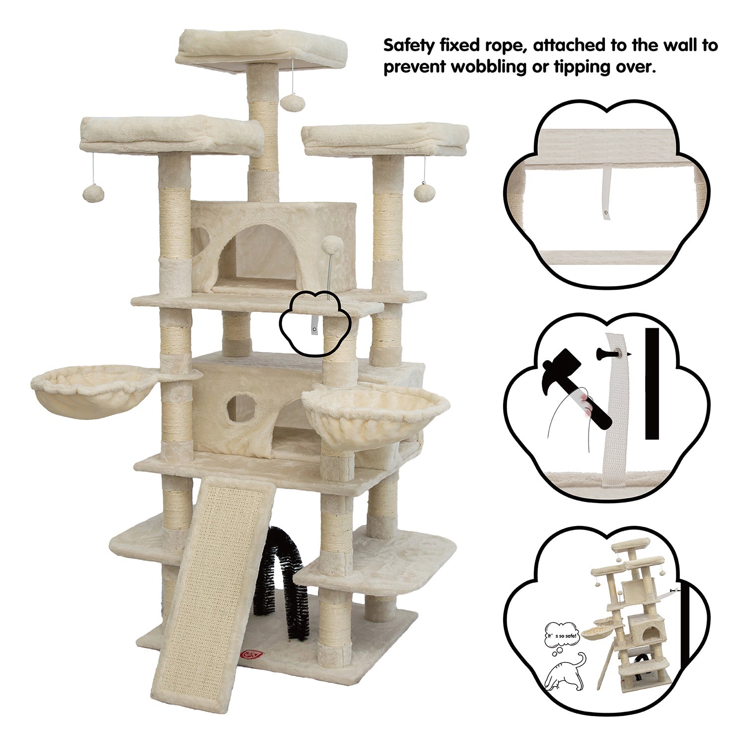 68 Inches Multi-Level Cat Tree Large,Big Cat Tower with Sisal Scratching Posts,Grooming Arch,Cozy Plush Cat Perches and Hammocks,Cat Activity Center Cat Condo Play House (Beige)