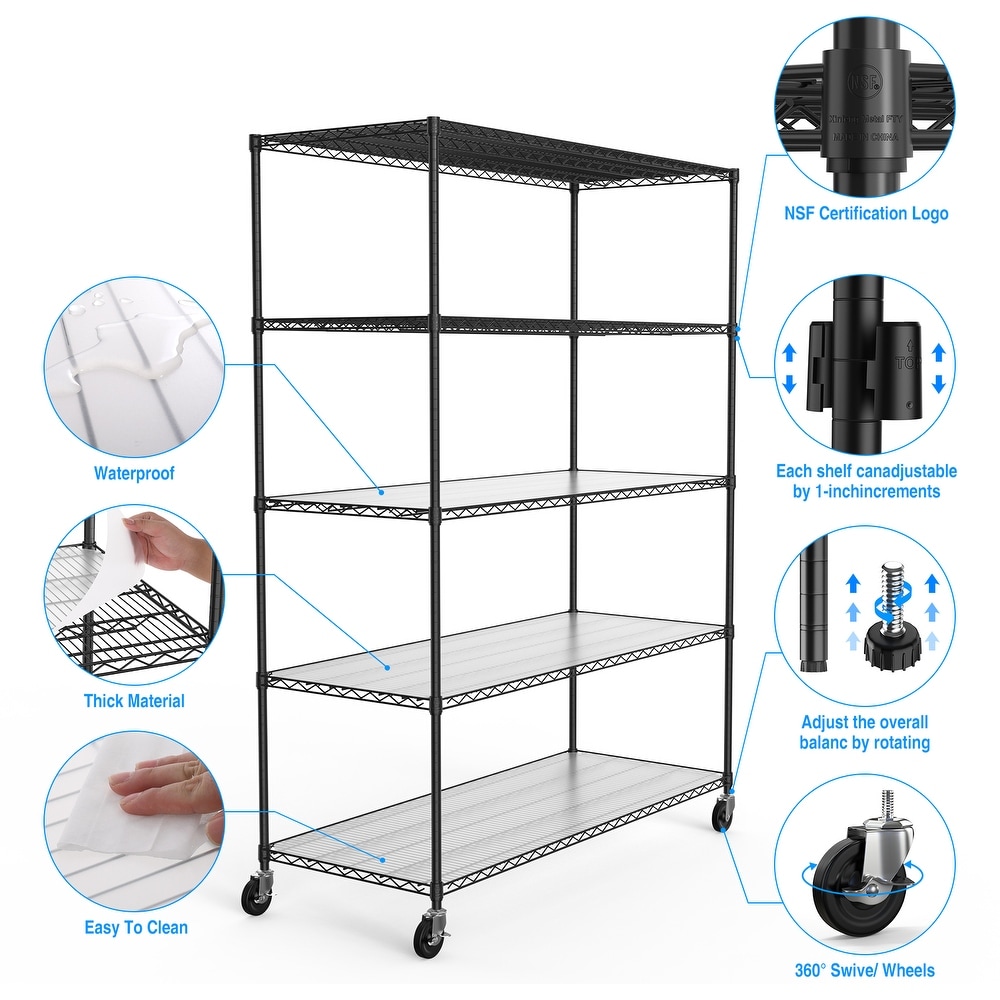 5 Tier 7500lbs Heavy Duty Adjustable Storage Rack Metal Shelf Wire Shelving Unit with Wheels   Shelf Liners 82\