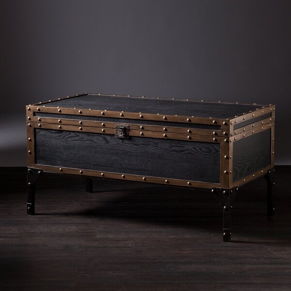 Charles Vintage Travel Trunk Coffee Table， Black and Bronze - as show