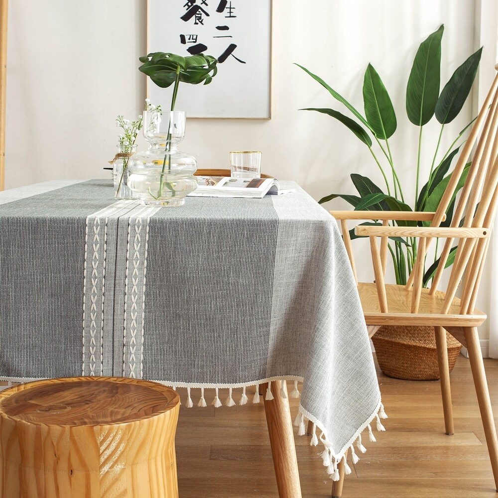 Enova Home Light Grey High Quality Rectangle Cotton and Linen Tablecloth with Tassels