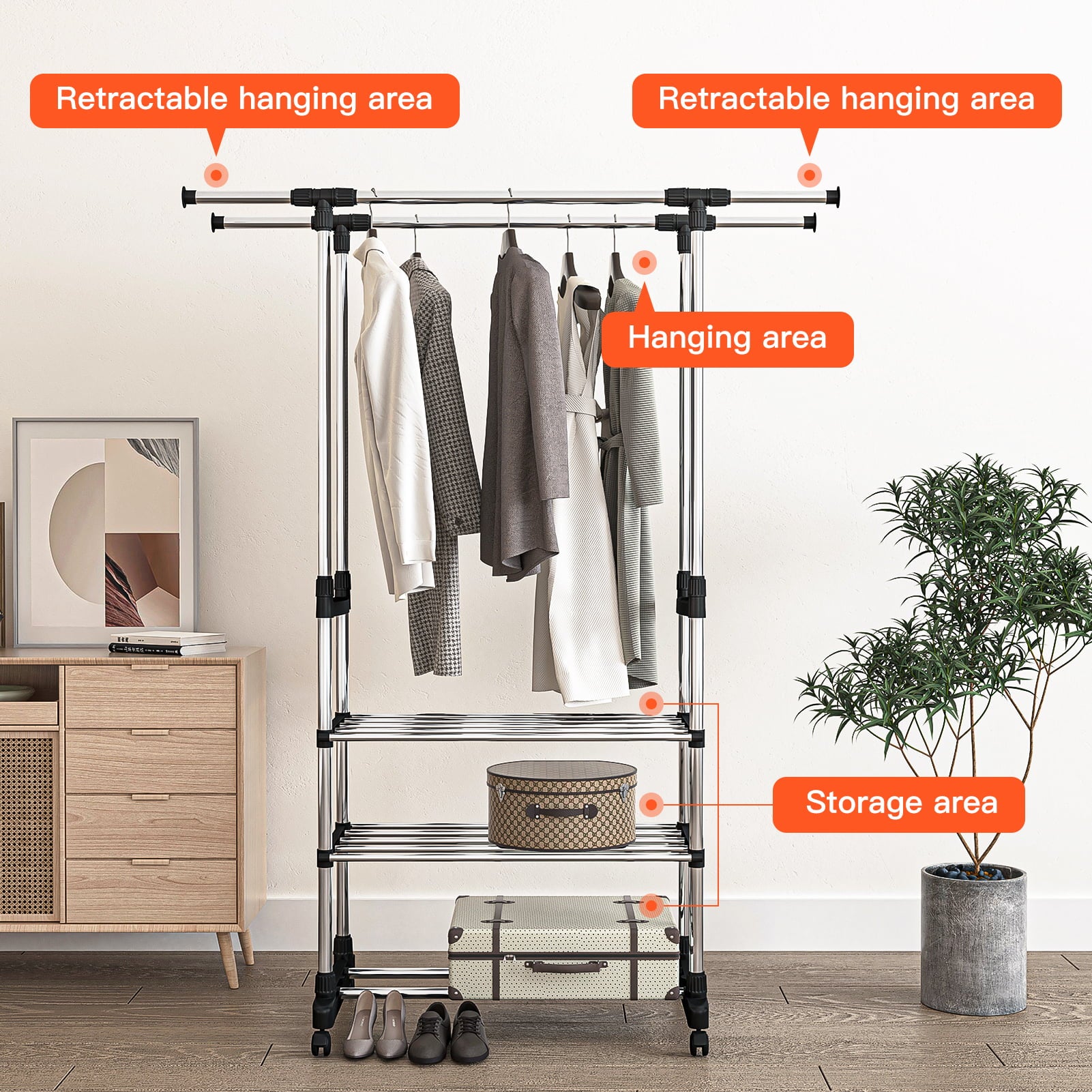 Resenkos Adjustable Garment Rack with 2 Tier Metal Shelf for Shoes Boxes, Rolling Clothes Organizer, High Capacity, Stainless Steel, Heavy Duty