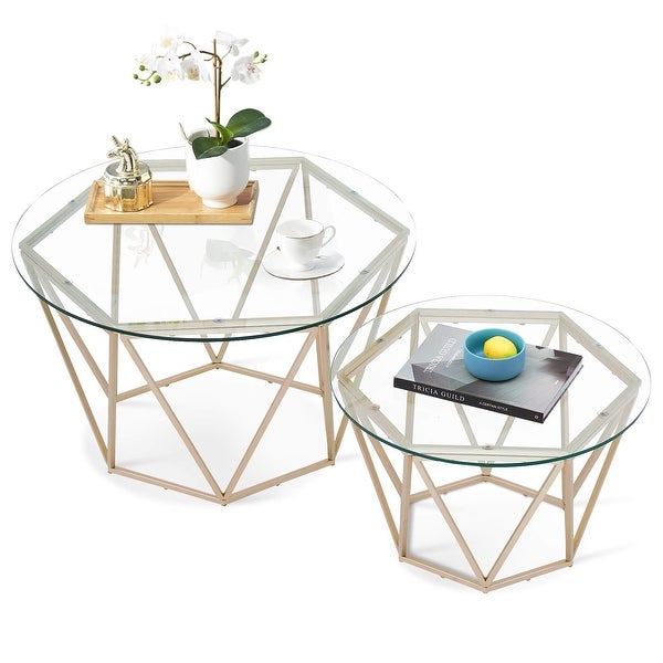 ivinta Round Coffee Table Set of 2， Modern End Tables for Living Room， Tempered Glass/White Faux Marble Tea Tables