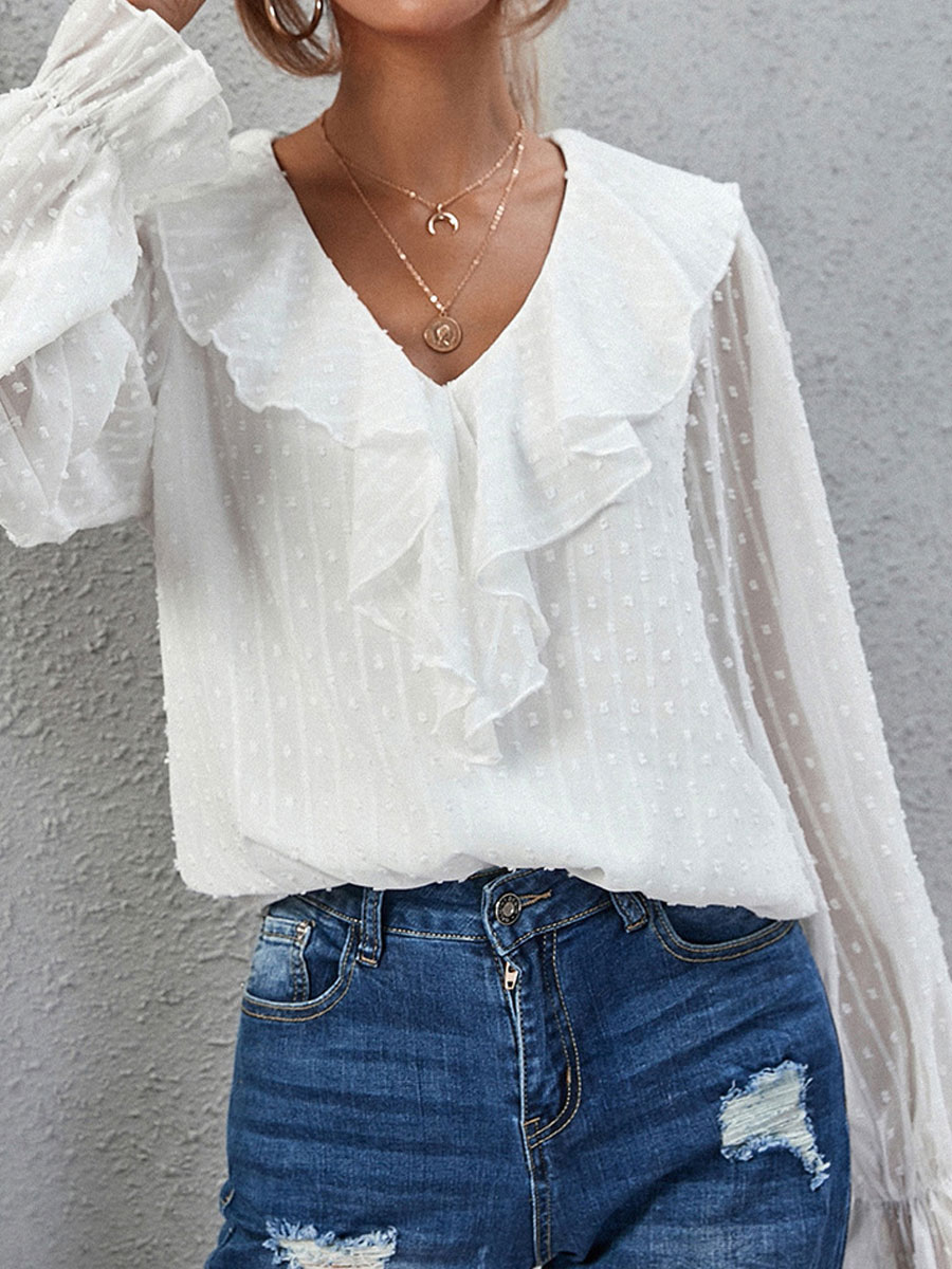 V-neck Casual Loose Jacquard Long-sleeved Blouse