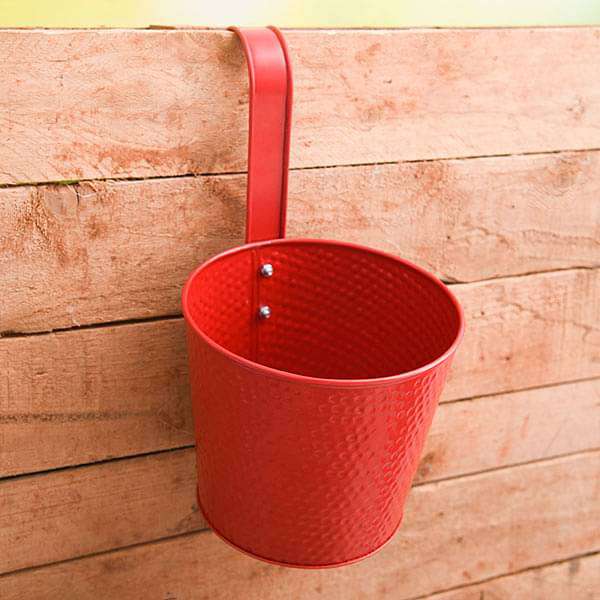 7 inch (18 cm) Dot Embossed Railing Round Metal Planter (Red) (set of 3)