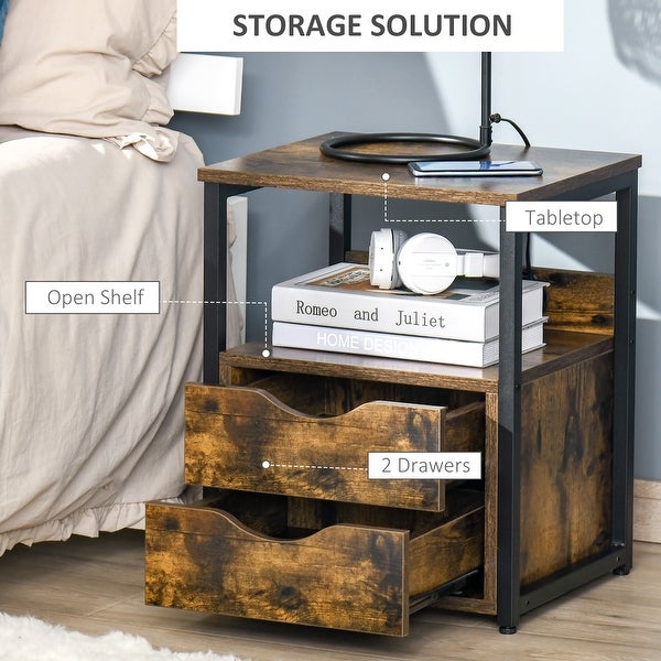 HOMCOM Industrial Side Table， Night Stand with 2 Storage Drawers Accent Piece for Living Room， Bedroom