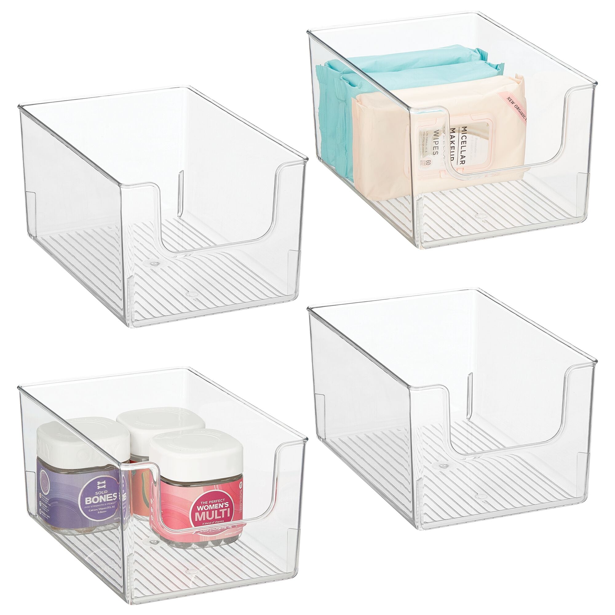 mDesign Modern Deep Plastic Open Front Dip Storage Organizer Bin Basket for Bathroom Organization - Vanity Shelf， Cubby， Cabinet， and Closet Organizing Decor - Ligne Collection - 4 Pack - Clear