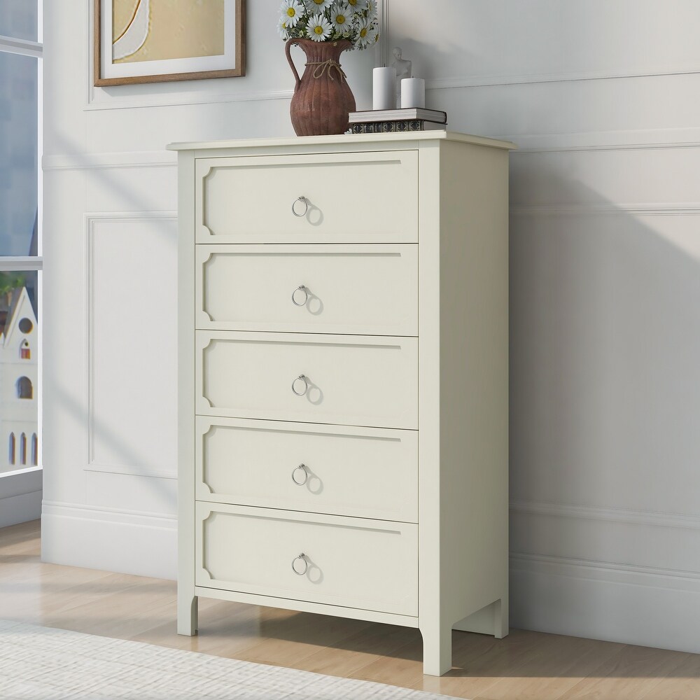 Milky White Chest Five Large Drawers Silver Metal Handles