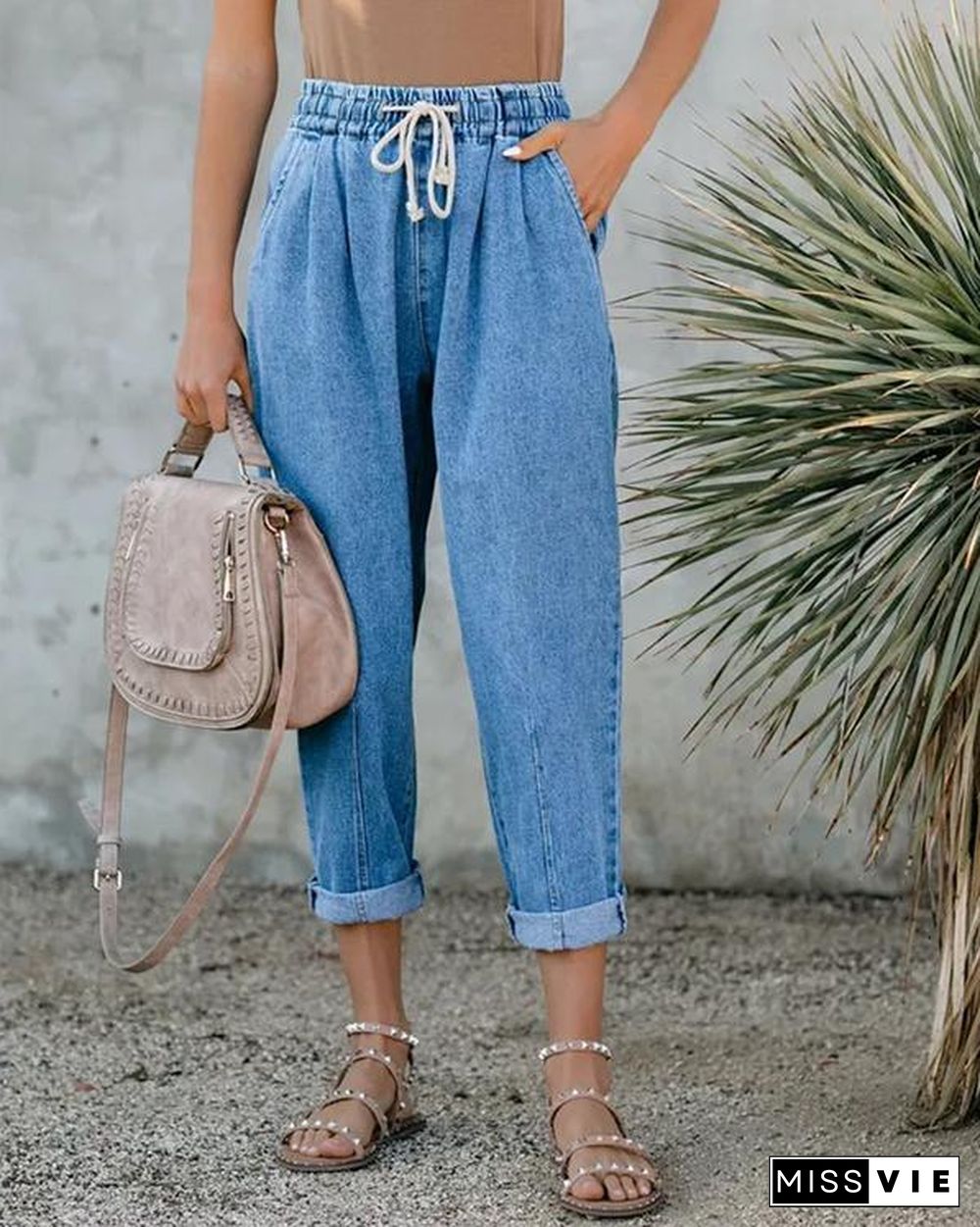 Sea Blue Drawstring Crop Jeans