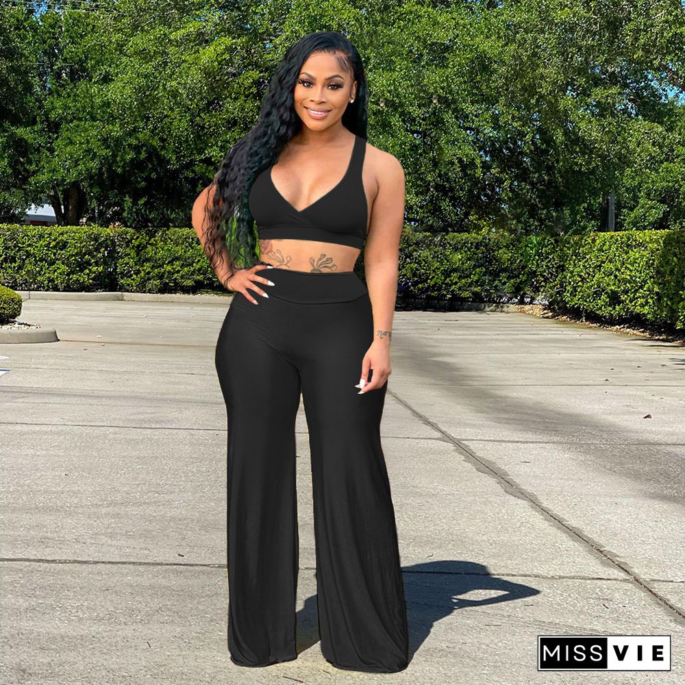 Sleeveless Crop Top Wide Leg Pants Matching Set