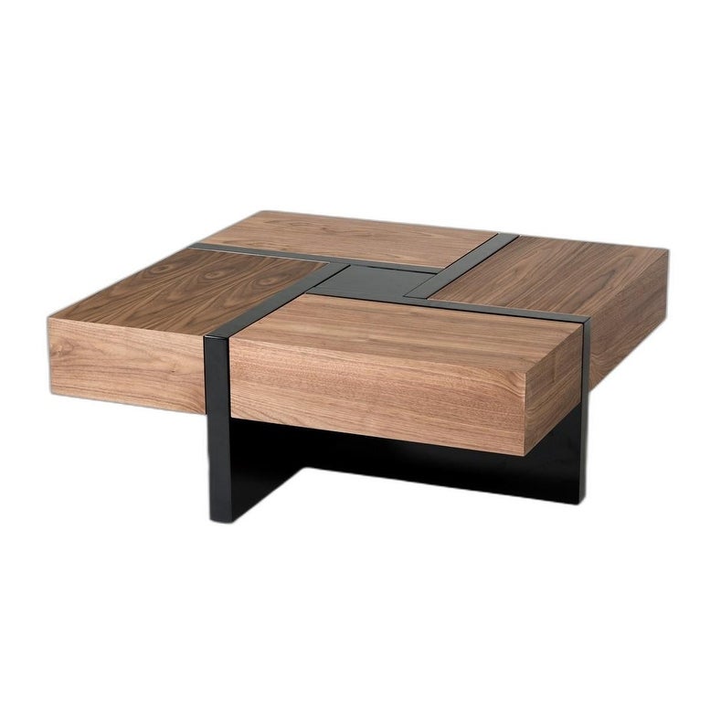 Modern Walnut and Black Square Coffee Table with Storage - 39' x 39' x 16'