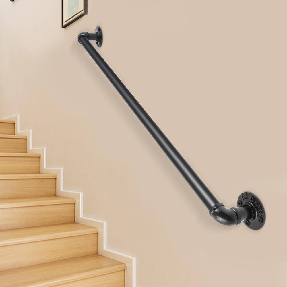 VEVOR 2 ft. Pipe Stair Handrail 440 lbs. Load Capacity Wall Mounted Handrail Round Corner Handrails for Outdoor Steps Black TZBGSLTFSGYG20VCCV0