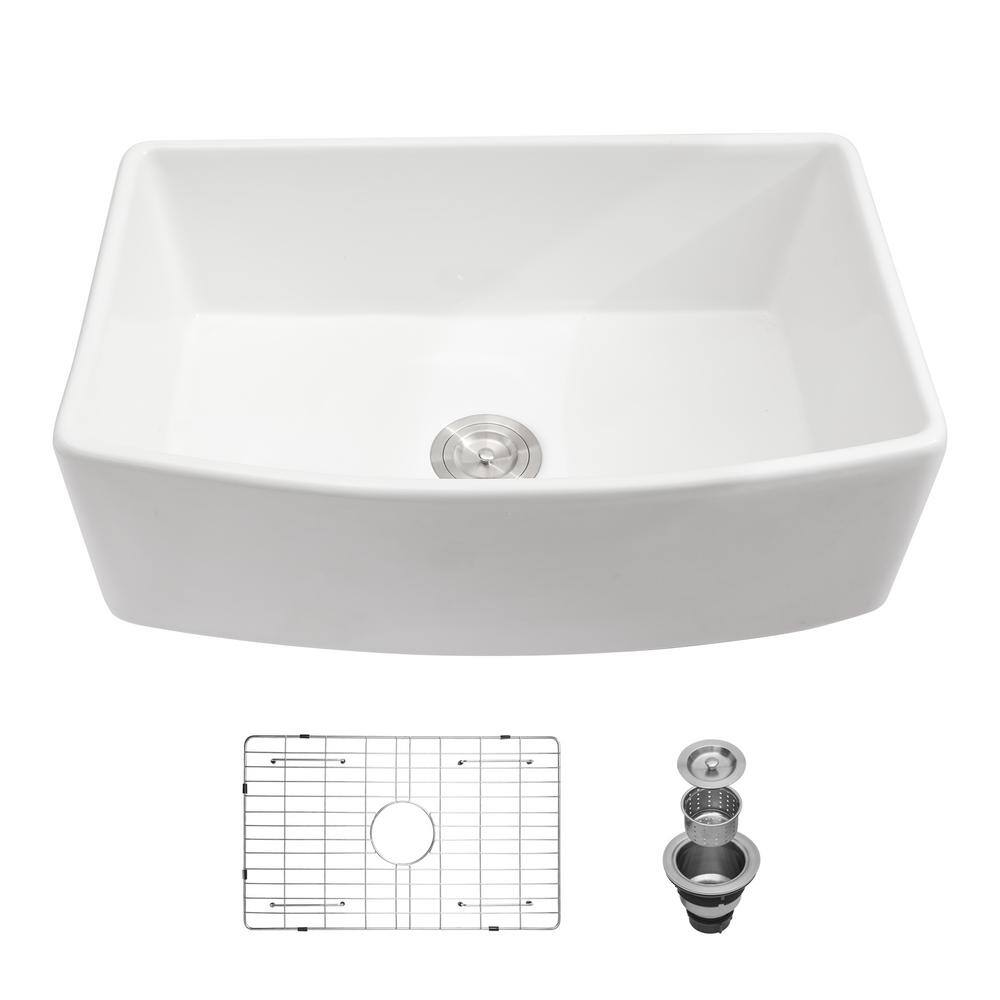 White Fireclay Ceramic 30 in. Single Bowl Farmhouse Apron Front Porcelain Arch Edge Kitchen Sink EC-KS3019-8241