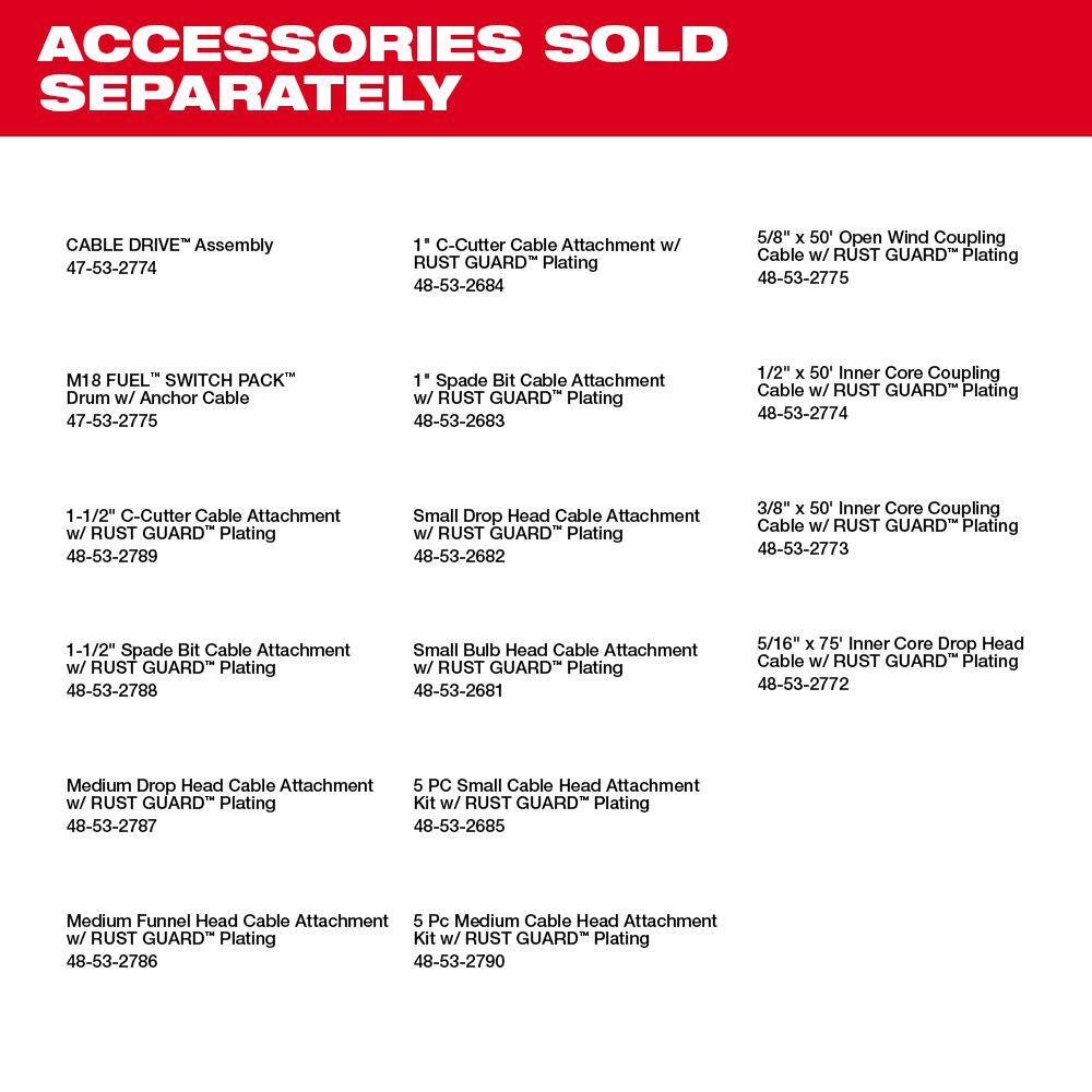 MW M18 FUEL Cordless Drain Cleaning 12 in. Switch Pack Sectional Drum System Kit W Bonus 12 in. x 50 ft. Cable  Drum 2775C-222-47-53-2775-48-53-2774