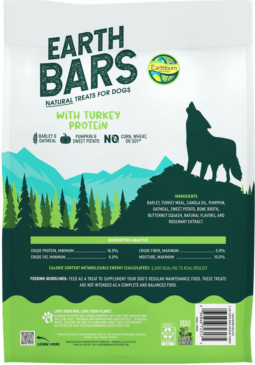 Earthborn Holistic EarthBars w/Turkey Protein Natural Medium Dog Treats， 2-lb bag