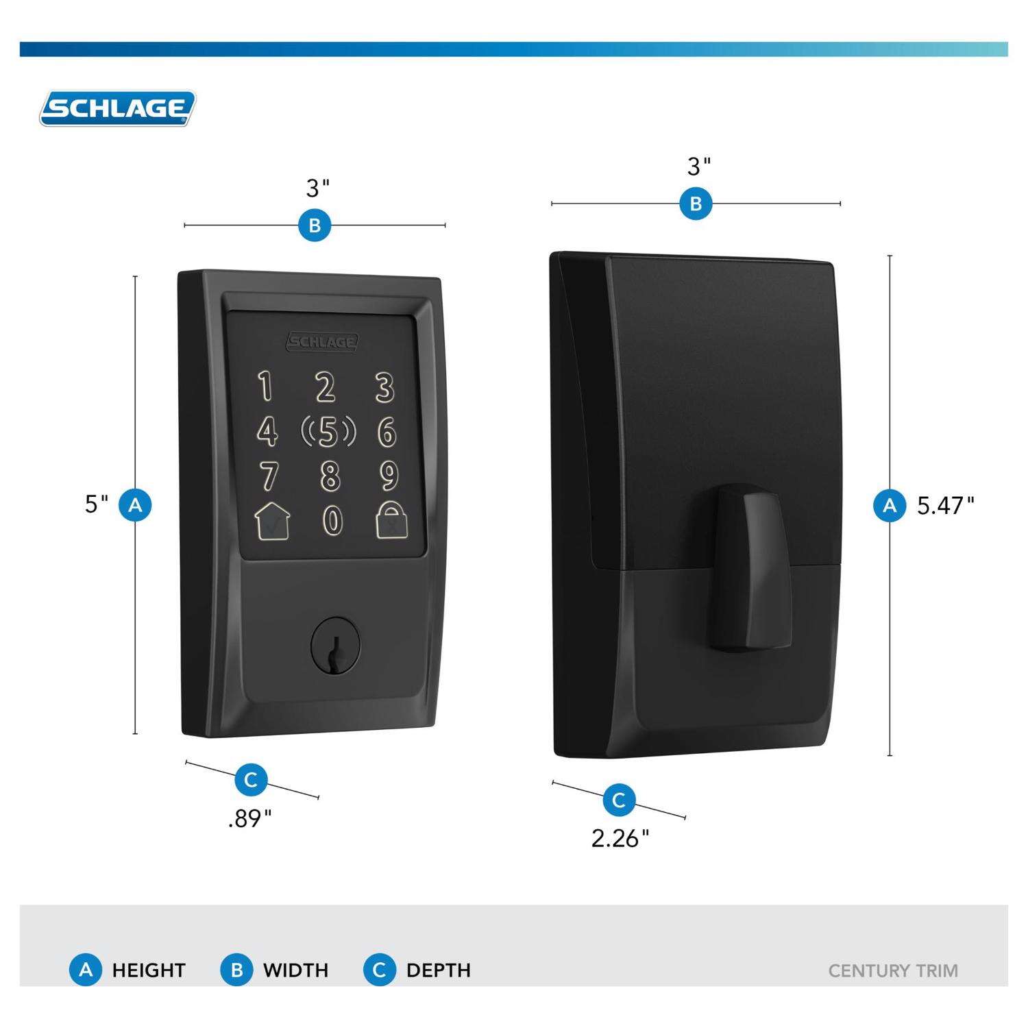 Schlage Encode Plus Matte Black Metal WiFi Deadbolt with Century Trim