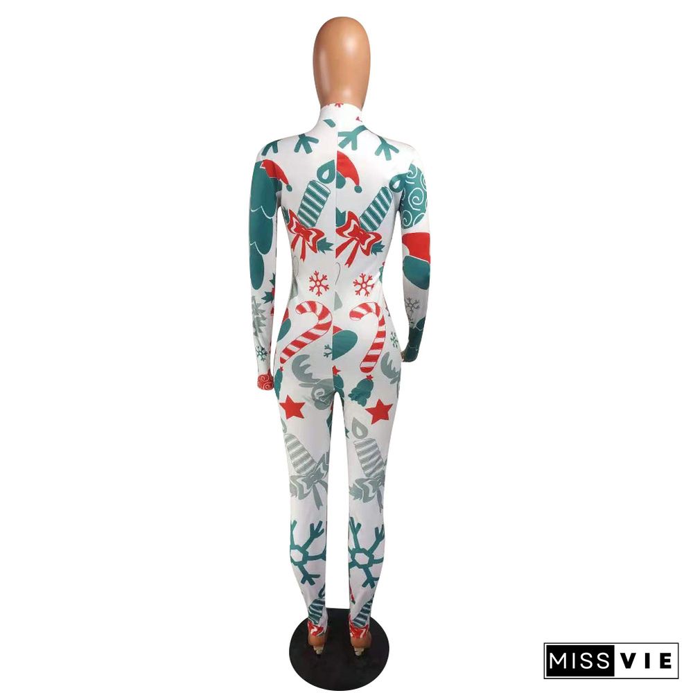 Christmas Print Long Sleeve Front Zipper Bodycon Jumpsuit