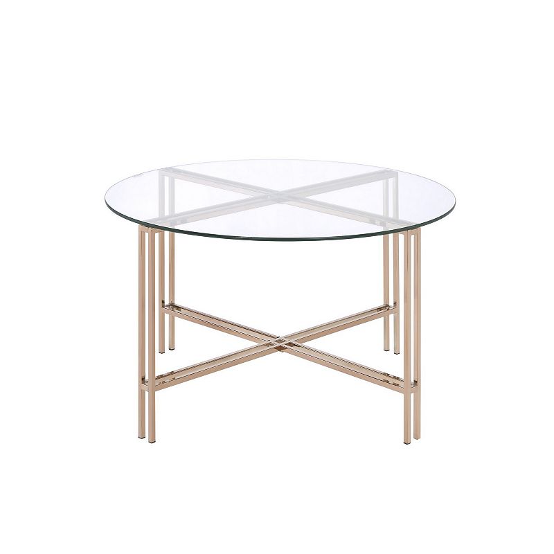 Coffee Table with X Shaped Metal Base and Round Glass Top， Gold