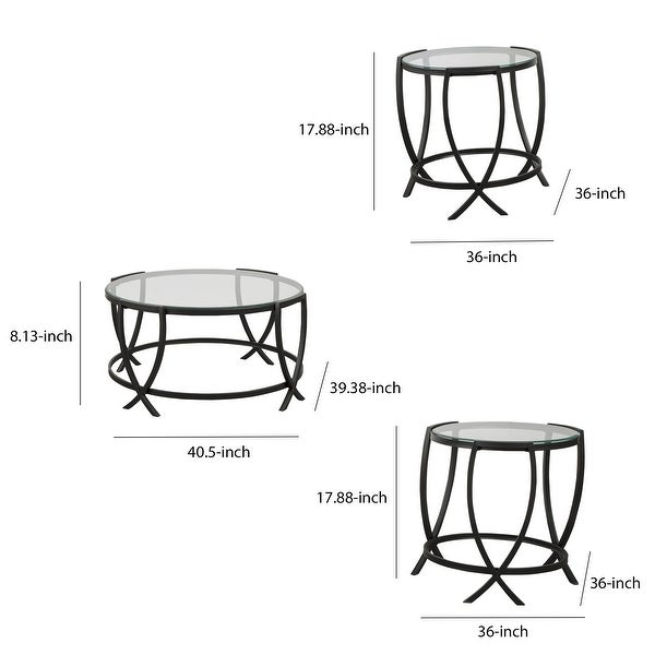 Contemporary Round Table Set with Glass Top and Geometric Metal Body， Black - 3 pieces