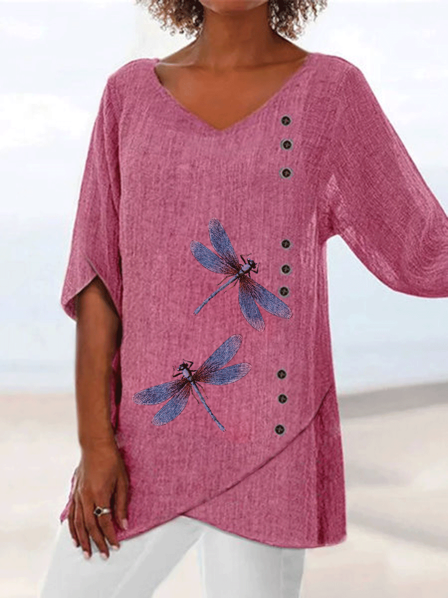 V-neck Dragonfly Print Loose Mid-sleeve Fashion Blouse