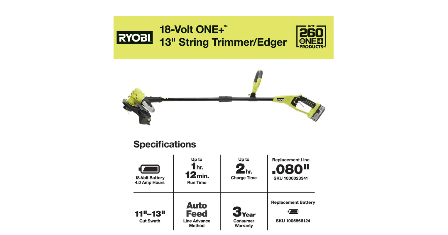 RYOBI P2080 ONE+ 18V 13 in. Cordless Battery String Trimmer/Edger with 4.0 Ah Battery and Charger