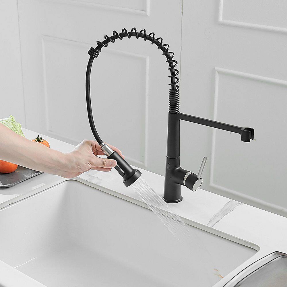 matrix decor Single Handle Touchless Deck Mount Gooseneck Pull Down Sprayer Kitchen Faucet with Handles in Black MD-ALIS1270BPR