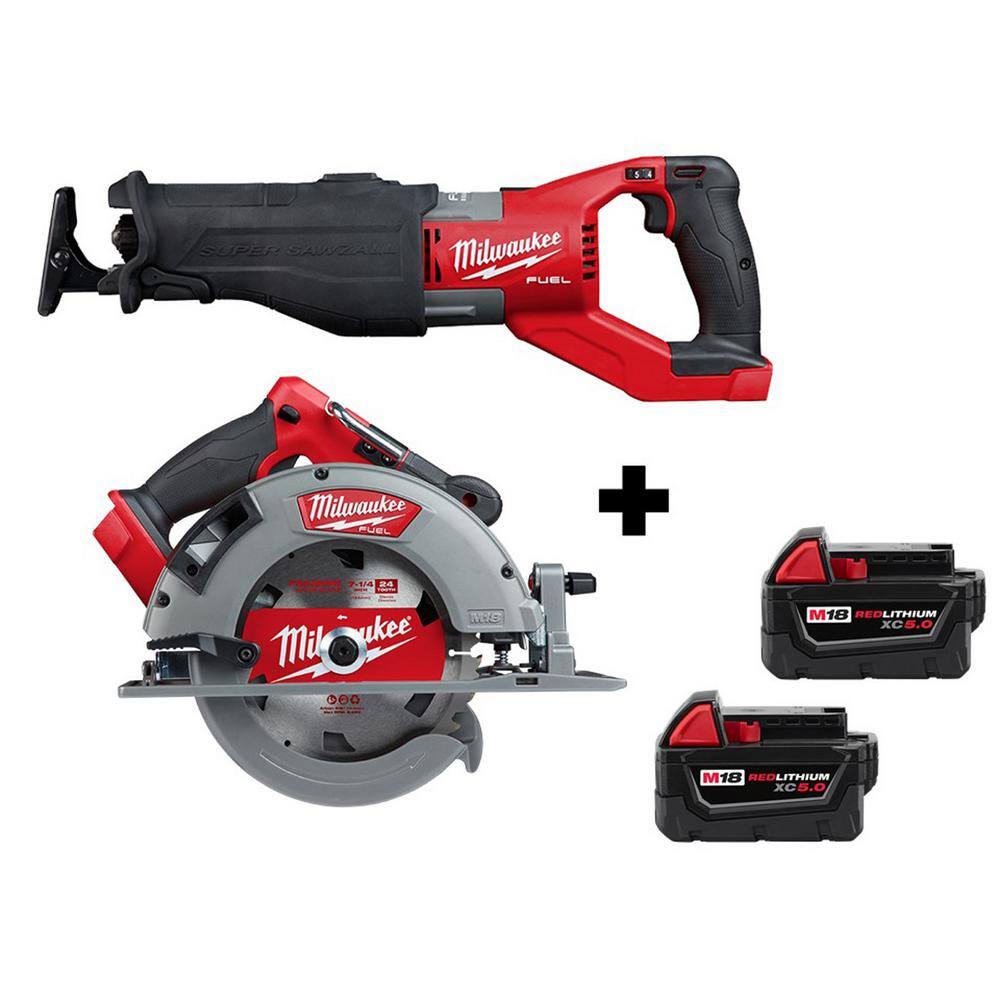 MW M18 FUEL 18V Lithium-Ion Brushless Cordless Super SAWZALL Reciprocating Saw and Circular Saw with (2) 5.0 Batteries 2722-20-2732-20-48-11-1850-48-11-1850