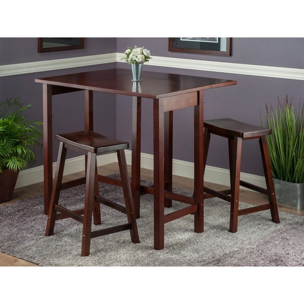 Lynnwood High Drop Leaf Counter Height Extendable Dining Table Set With Saddle Seat Stool Walnut Winsome