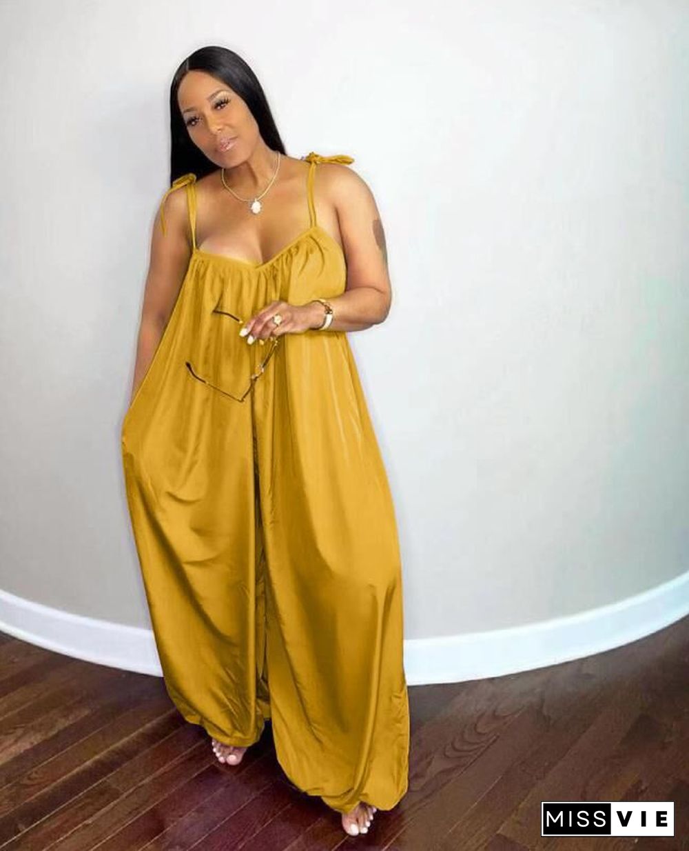 Plus Size Women Deep V Neck Sleeveless Spaghetti Strap Solid Color Loose Wide Leg Full Length Summer Jumpsuit