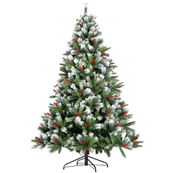 Green UltraRealistic Flocked Pine 7.5ft Christmas Tree with Cones and Red Berries，Festive Home Decor