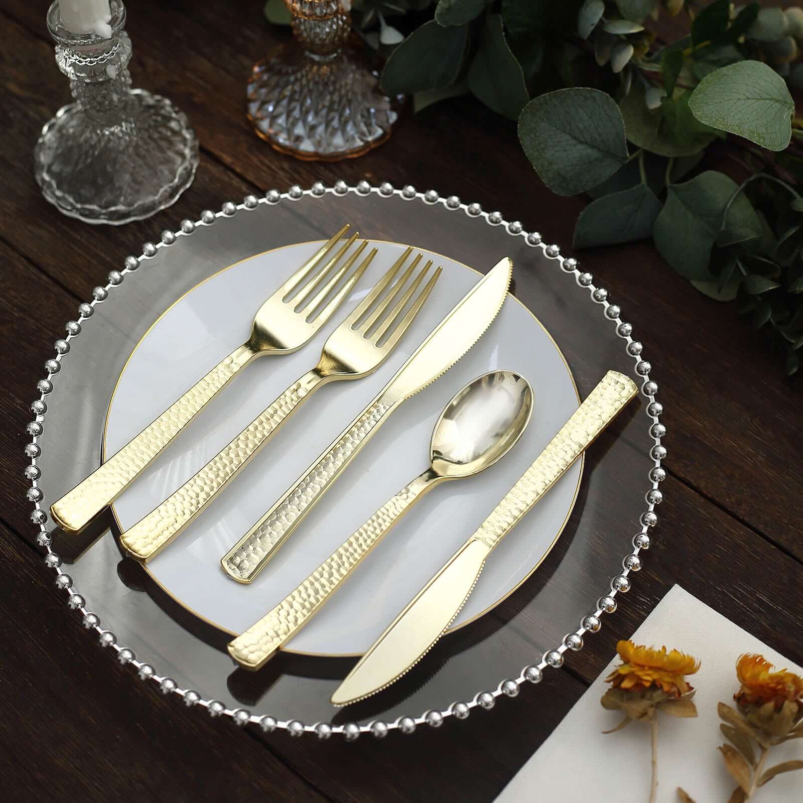 24 Pack Hammered Design Gold Heavy Duty Plastic Silverware Set 7