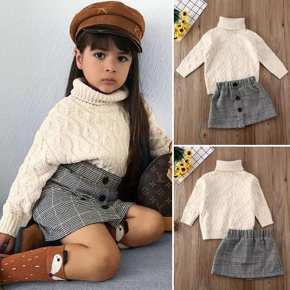 Baby Kids Winter Clothes 2 Pieces Set Turtleneck Knitted Sweater Tops Plaid Skirt Suit White 90cm