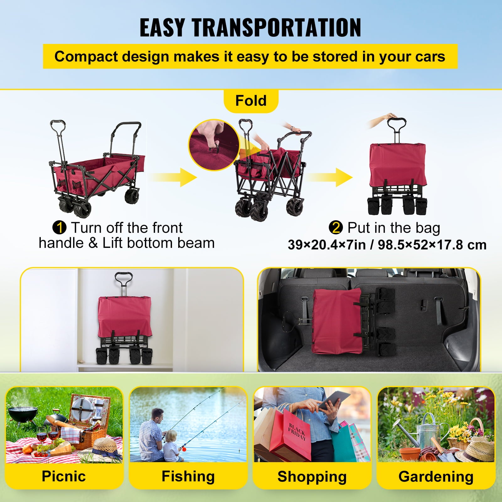 VEVORbrand Collapsible Wagon Cart Red， Foldable Wagon Cart Removable Canopy 601D Oxford Cloth， Collapsible Wagon Oversized Wheels， Portable Folding Wagon Adjustable Handles， Beach， Garden， Sports