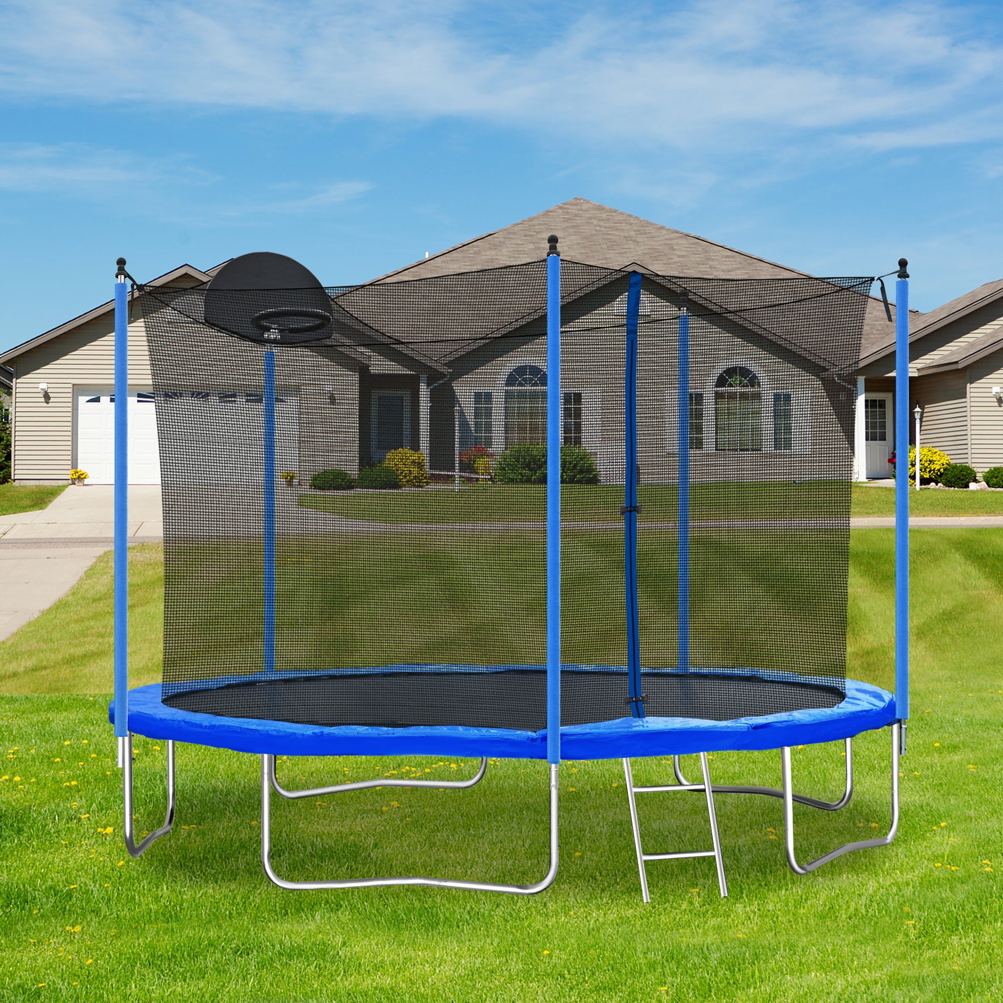 12FT Kids Trampoline Thickened - Large Heavy-Duty Trampoline with Hoop， All-Weather Trampolines with High Density Net and 5 Steel Support， Outdoor Lawn Garden Yard Trampolines， Blue