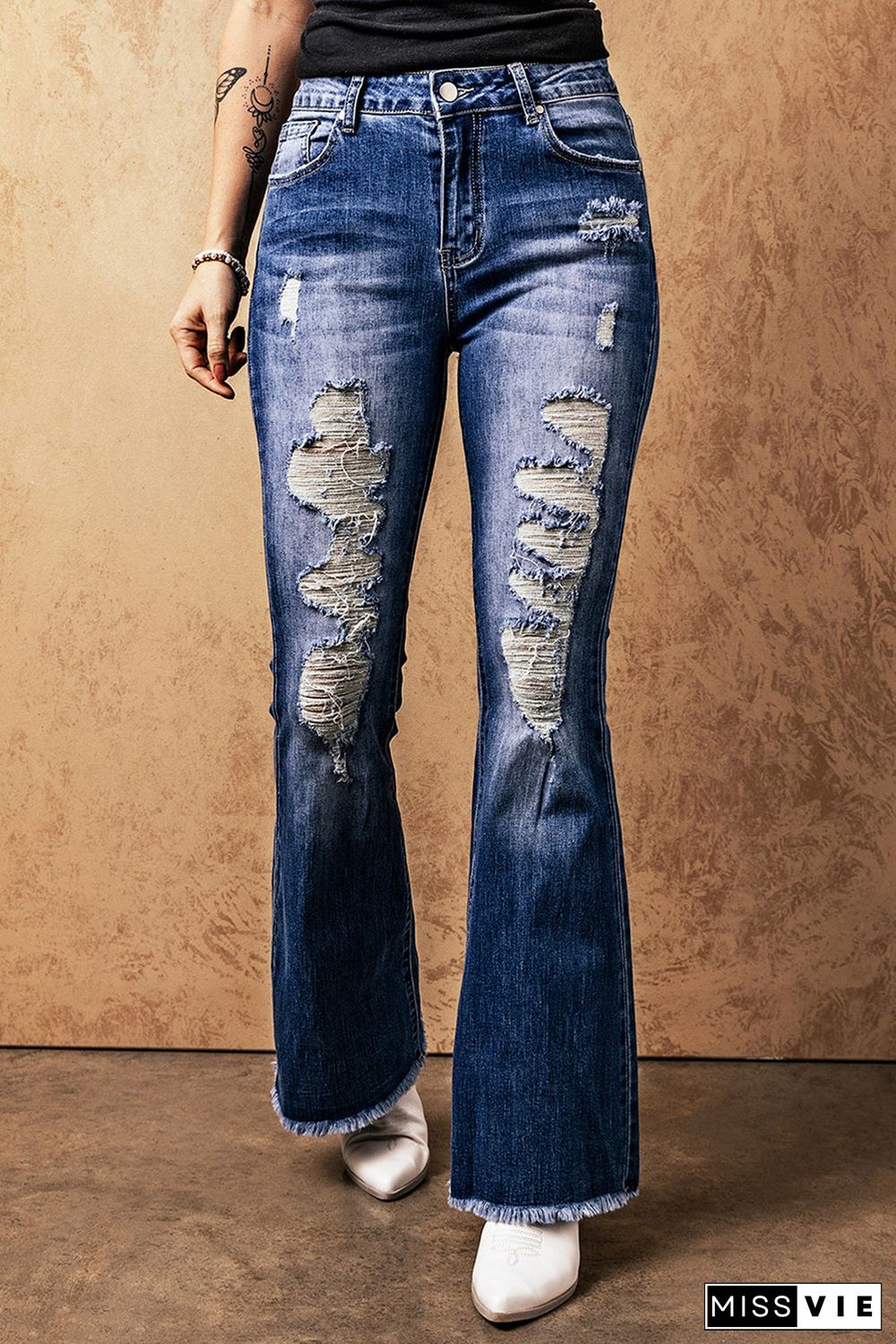 Sky Blue Distressed Raw Hem High Waist Flare Jeans