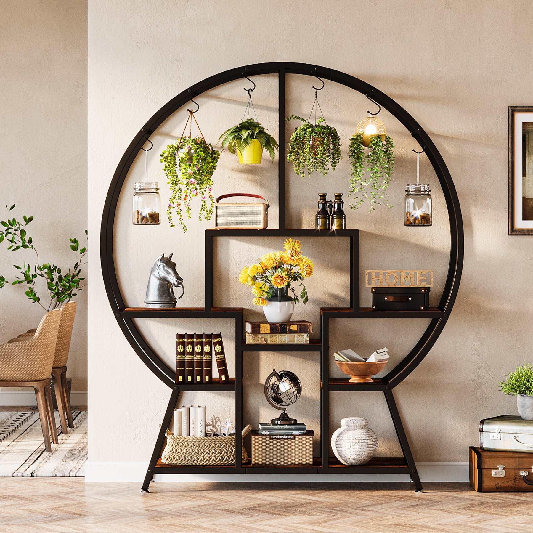 65 Bookshelf, Round Etagere Bookcase with 7-Tier Storage Shelving