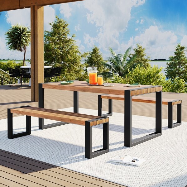 3Piece Acacia Outdoor Picnic Table Set With 2 Benches，With Acacia Wood Top and Steel Frame