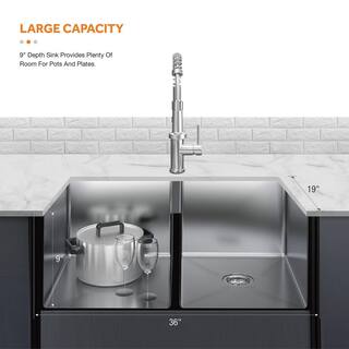 Glacier Bay Tight Radius Undermount 18G Stainless Steel 36 in. 5050 Double Bowl Kitchen Sink with Accessories FSUR3619A0ACC