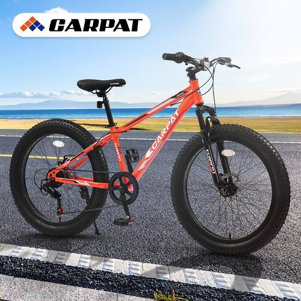 Afoxsos RedGray 24 Inch Fat Tire Mountain City Bike with High-Carbon Steel Frame Full Shimano 7 Speeds Dual Disc Brake HDMX3012