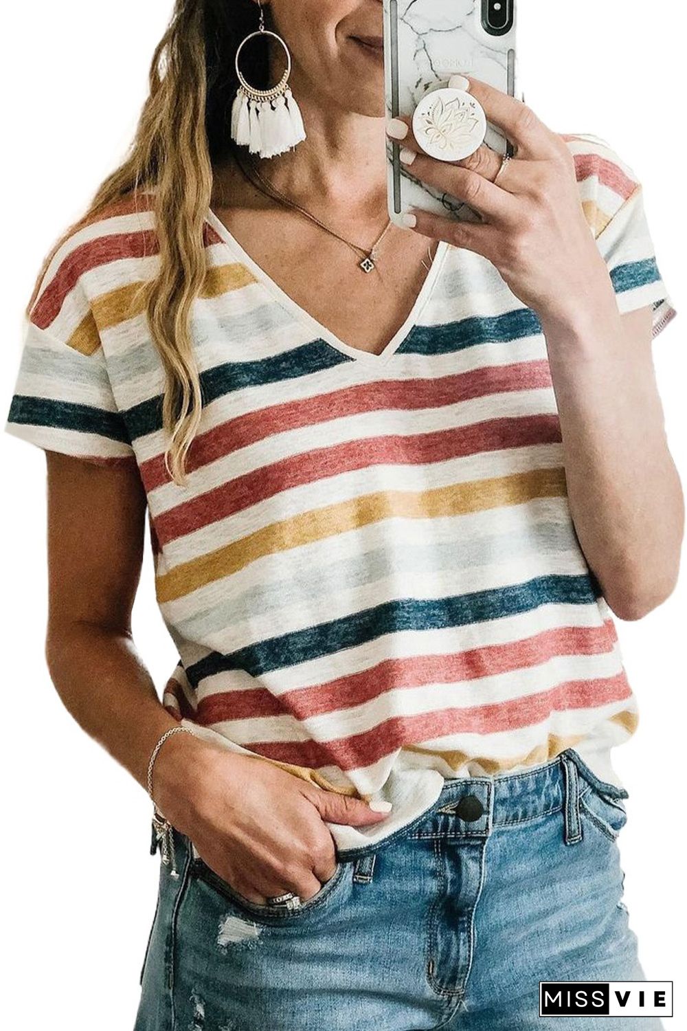 Multicolor Stripes V Neck T-shirt