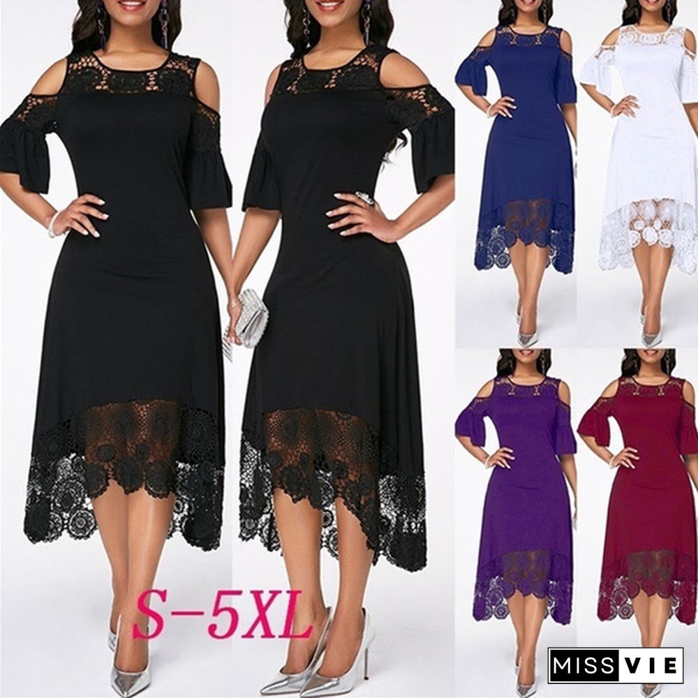 Fashion Women Elegant Crochet Lace Cold Shoulder Long Dress Party Casual Dress Plus Size