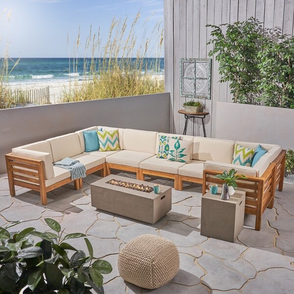 Oana Outdoor Ushaped 8seat Acacia Sectional Sofa Set w/ Fire Pit by Christopher Knight Home