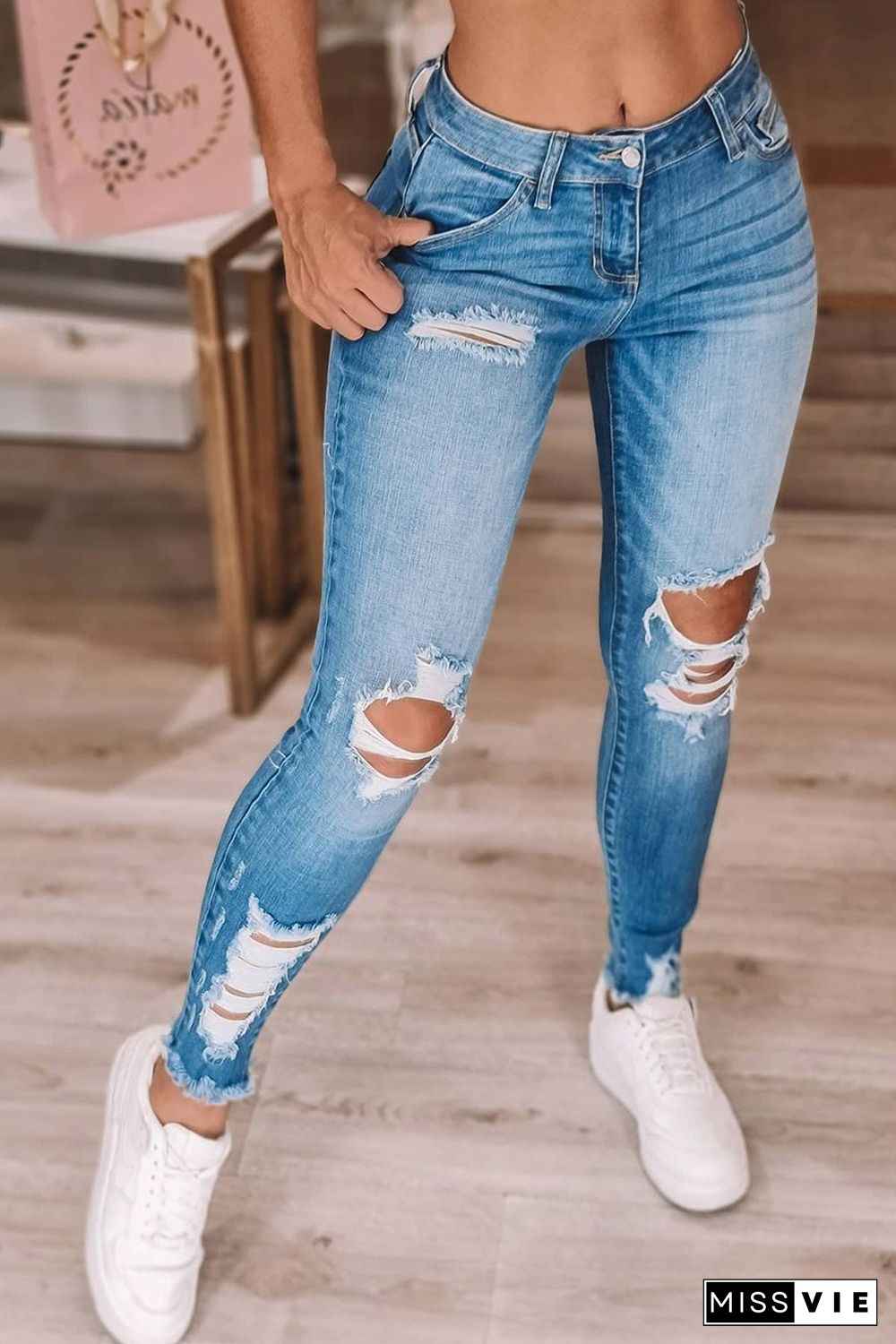 Sky Blue High Waist Distressed Skinny Jeans